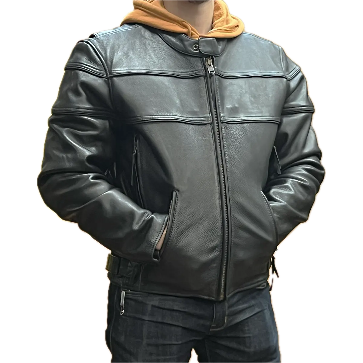 Men's black leather motorcycle jacket with zip front, snap collar, and adjustable waist straps, worn over a hoodie.