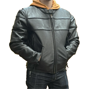 Men's black leather motorcycle jacket with zip front, snap collar, and adjustable waist straps, worn over a hoodie.