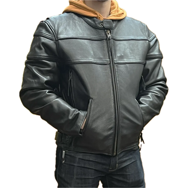 Men's black leather motorcycle jacket with zip front, snap collar, and adjustable waist straps, worn over a hoodie.