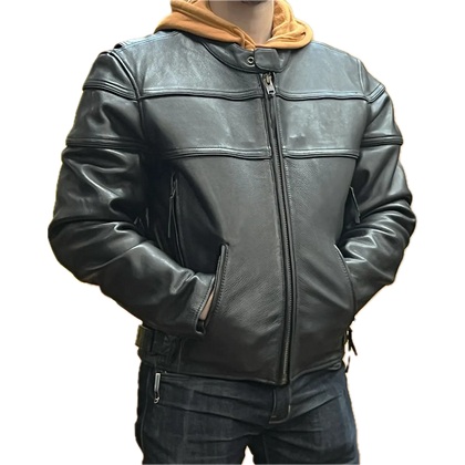 Men's Luminescent black leather motorcycle jacket front view worn over a hoodie