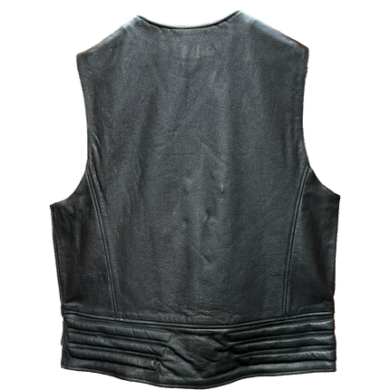 Back view of men’s black leather motorcycle vest with plain design and ribbed detailing at the waist.