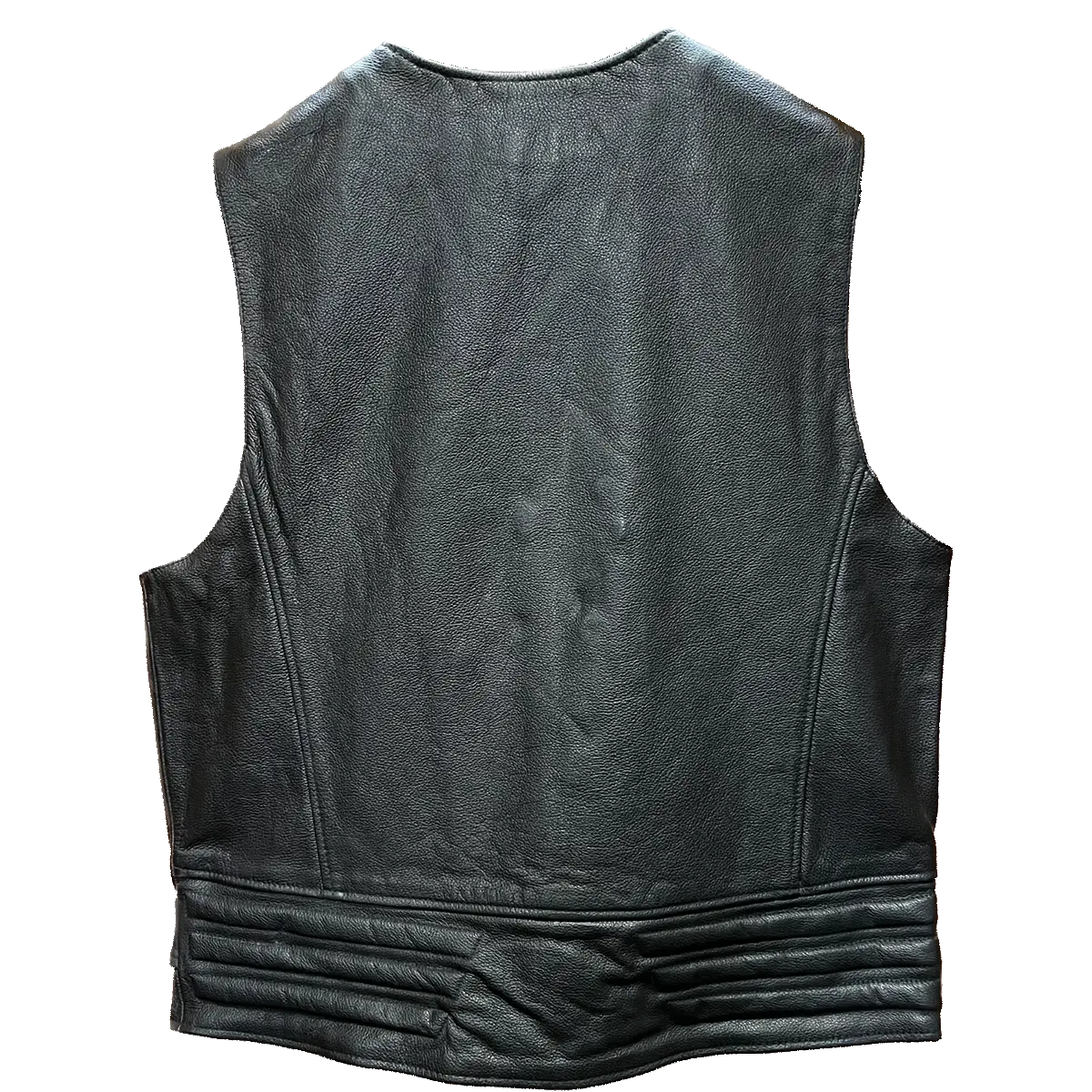 Back view of men’s black leather motorcycle vest with plain design and ribbed detailing at the waist.