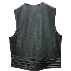 Back view of men’s black leather motorcycle vest with plain design and ribbed detailing at the waist.