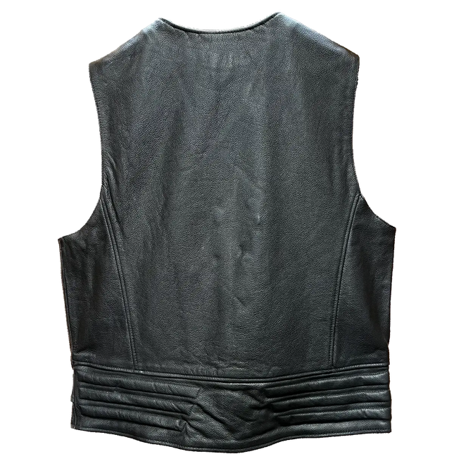Back view of men’s black leather motorcycle vest with plain design and ribbed detailing at the waist.