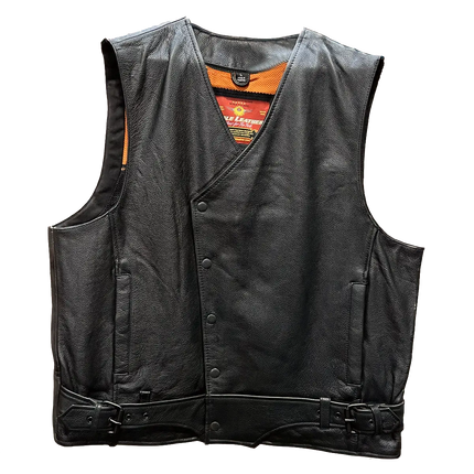 Men’s black leather motorcycle vest with snap front closure, side buckles, and orange mesh inner lining