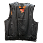 Men’s black leather motorcycle vest with snap front closure, side buckles, and orange mesh inner lining