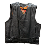 Men’s black leather motorcycle vest with snap front closure, side buckles, and orange mesh inner lining