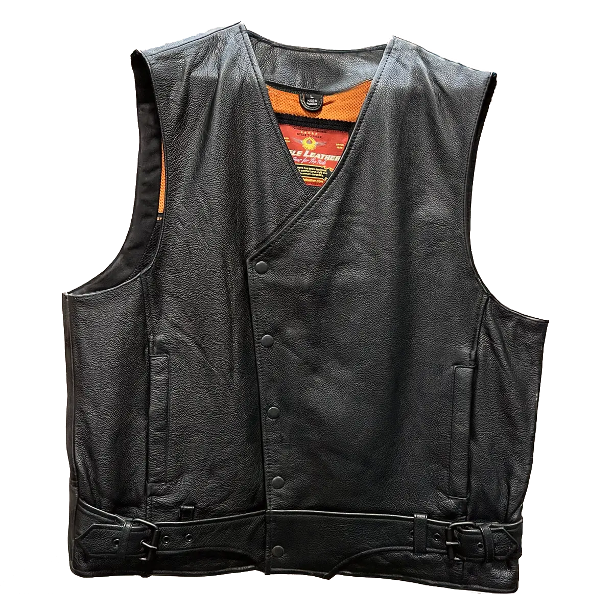Men’s black leather motorcycle vest with snap front closure, side buckles, and orange mesh inner lining