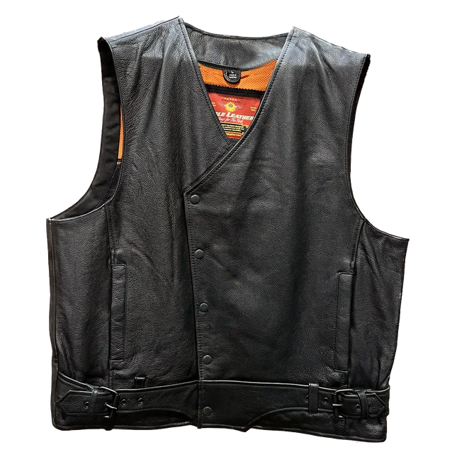 Men’s black leather motorcycle vest with snap front closure, side buckles, and orange mesh inner lining