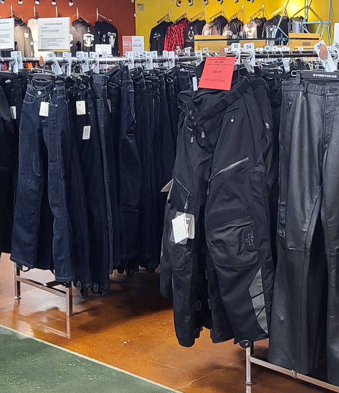 Men's Motorcycle Pants inside Eagle Leather's Lakewood Washington Store