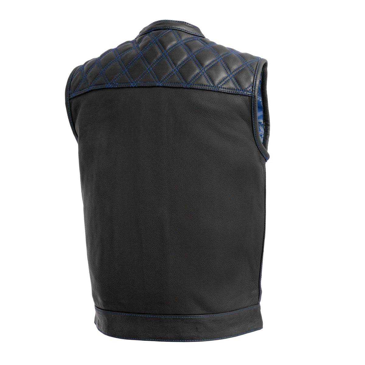 Men's Reaper leather motorcycle vest with blue stitching, back view