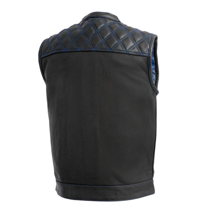 Men's Reaper leather motorcycle vest with blue stitching, back view