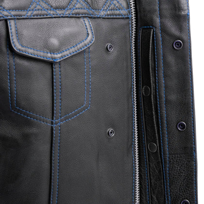 Men's Reaper vest blue stitching and front closure detail