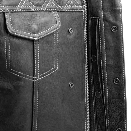Men's Reaper vest white stitching and front closure detail