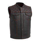 Men's Reaper leather motorcycle vest with red stitching, front view
