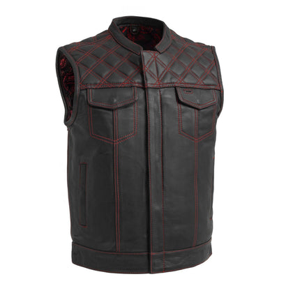 Men's Reaper leather motorcycle vest with red stitching, front view