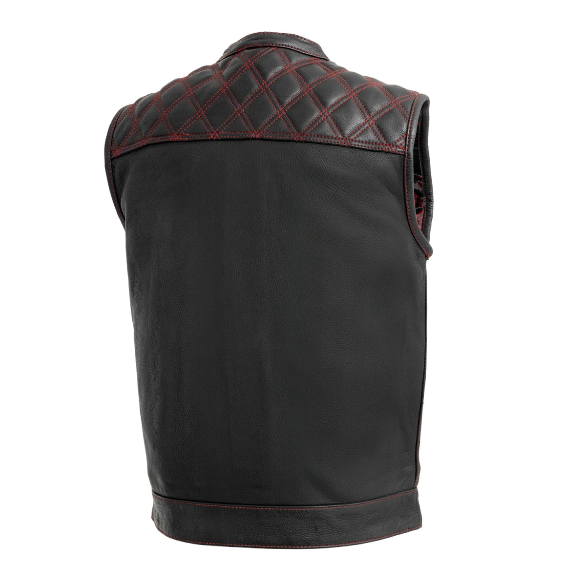 Men's Reaper leather motorcycle vest with red stitching, back view