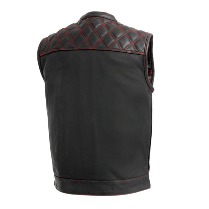 Men's Reaper leather motorcycle vest with red stitching, back view