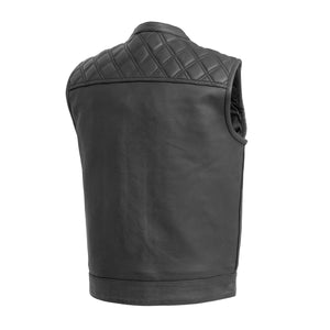 Men's Reaper Vest in black leather with black stitching, rear view