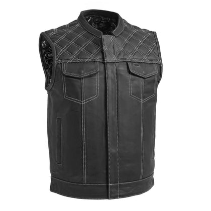 Men's Reaper Vest in black leather with white stitching, front view