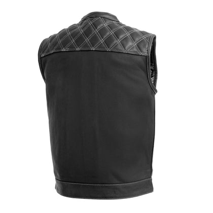 Men's Reaper Vest in black leather with white stitching, rear view