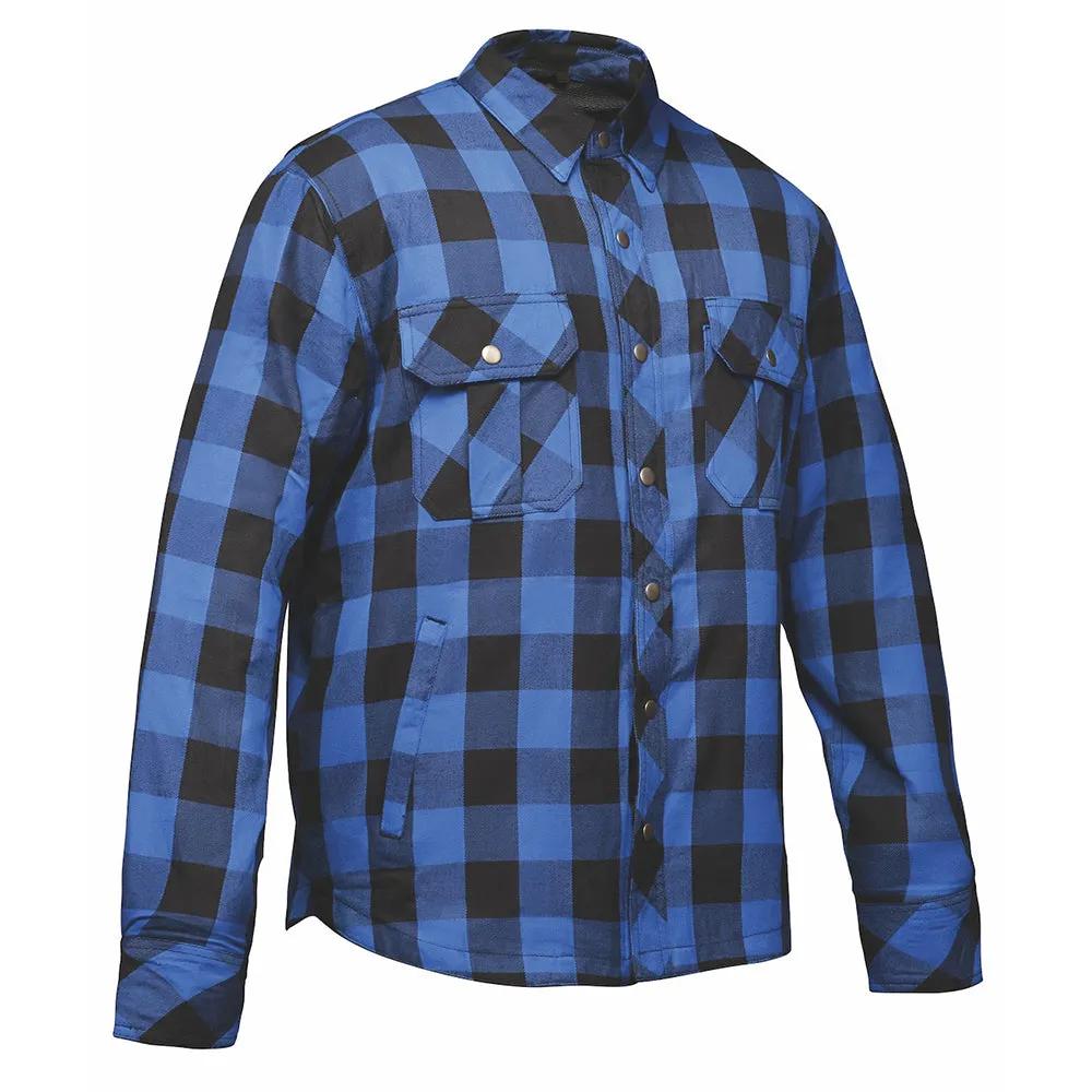 Men's armored riding flannel in Black and Blue plaid