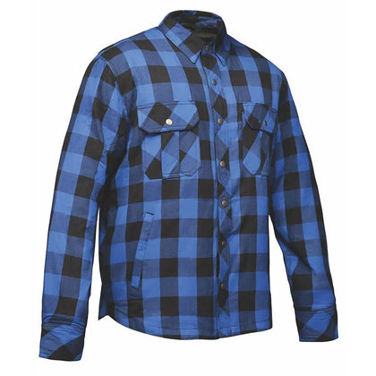 Men's armored riding flannel in Black and Blue plaid