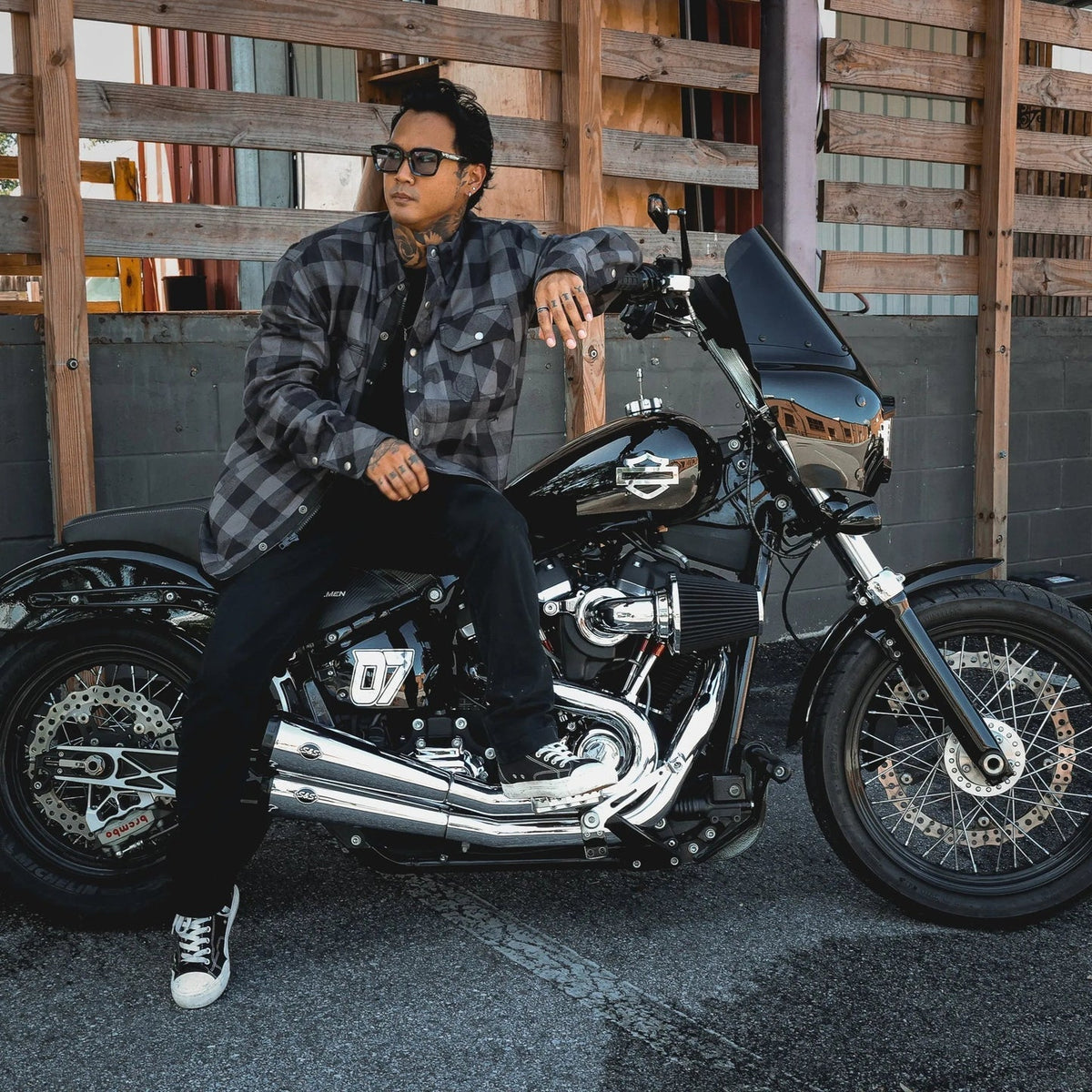 Black and Gray armored riding flannel open view