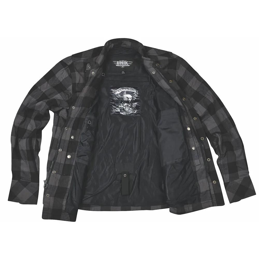 Black and Gray armored riding flannel pocket and closure detail
