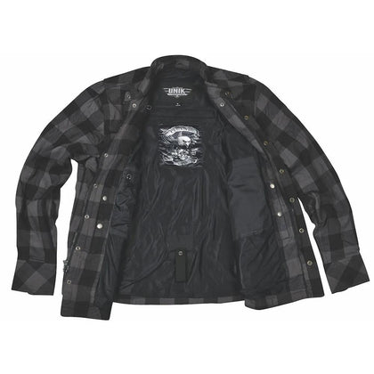 Black and Gray armored riding flannel pocket and closure detail