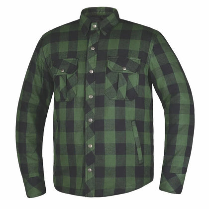 Men's armored riding flannel in Black and Green plaid
