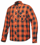 Men's armored riding flannel in Black and Orange plaid