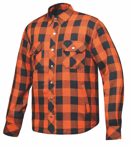 Men's armored riding flannel in Black and Orange plaid