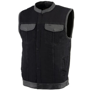 Milwaukee Leather MDM3010 men's black denim club vest closed front view