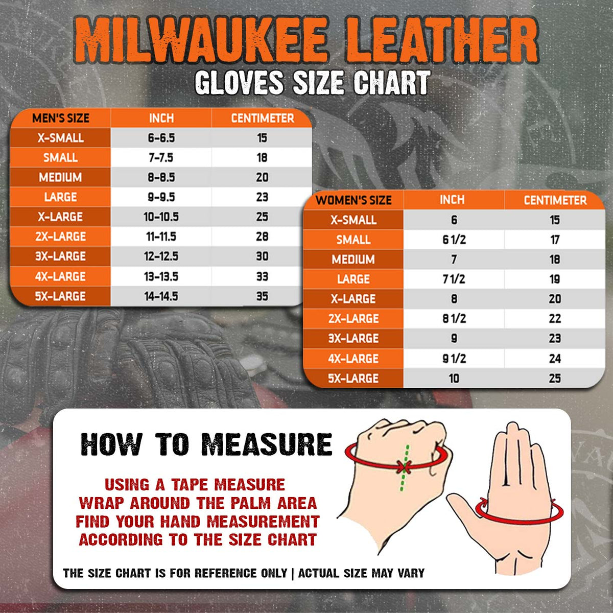 Milwaukee Leather MG7595 gloves size chart with palm circumference measurement instructions