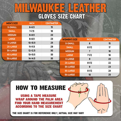 Milwaukee Leather MG7595 gloves size chart with palm circumference measurement instructions