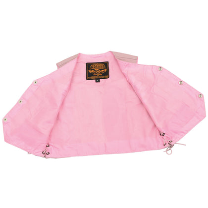 Milwaukee Leather SH2011LPNK Kids Side Lace Vest in pink, open interior showing pink satin lining and inside pockets