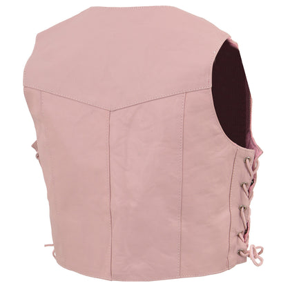 Milwaukee Leather SH2011LPNK Kids Side Lace Vest in pink, rear three-quarter view showing adjustable side laces