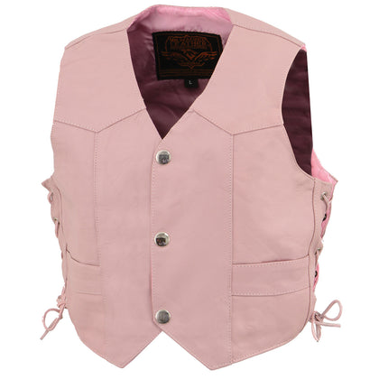 Milwaukee Leather SH2011LPNK Kids Side Lace Vest in pink, front three-quarter view showing snap closure and pockets