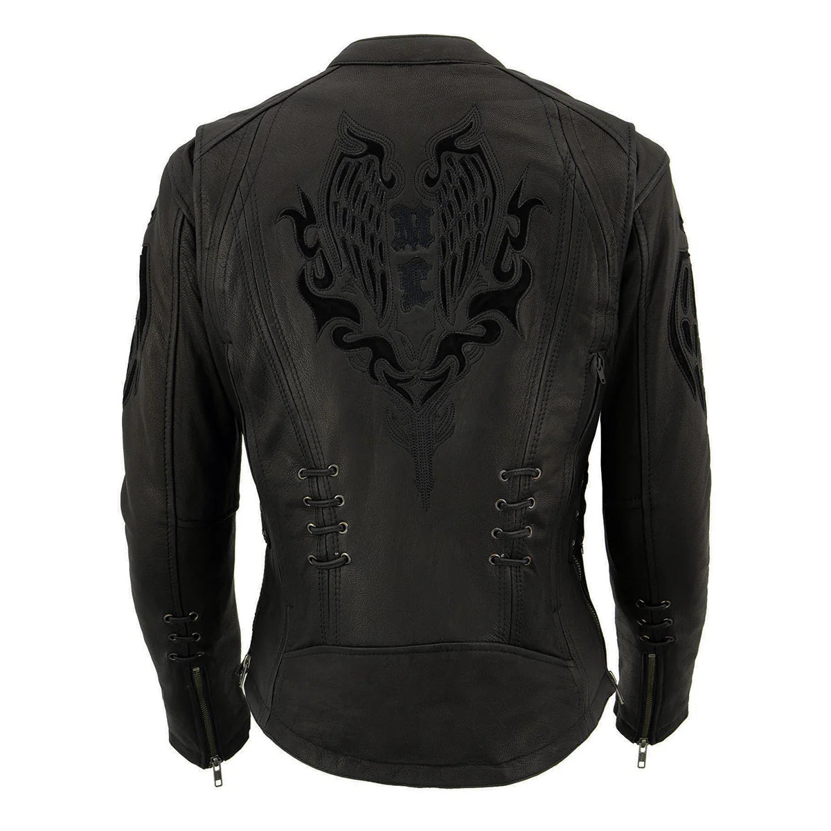 Ladies Angel Wing Scooter Jacket: Outside Features

Goatskin Leather
Front Zipper Closure
Traditional Scuba Neck Design
Inlay