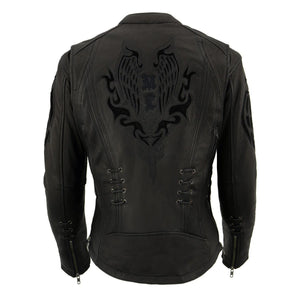 Ladies Angel Wing Scooter Jacket: Outside Features

Goatskin Leather
Front Zipper Closure
Traditional Scuba Neck Design
Inlay