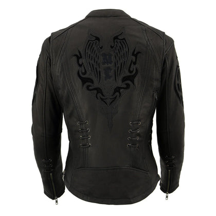 Ladies Angel Wing Scooter Jacket: Outside Features

Goatskin Leather
Front Zipper Closure
Traditional Scuba Neck Design
Inlay