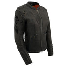 Ladies Angel Wing Scooter Jacket: Outside Features

Goatskin Leather
Front Zipper Closure
Traditional Scuba Neck Design
Inlay