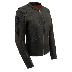 Ladies Angel Wing Scooter Jacket: Outside Features

Goatskin Leather
Front Zipper Closure
Traditional Scuba Neck Design
Inlay