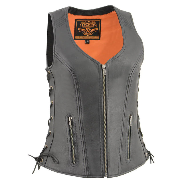 Ladies Open Neck Zip Up Vest with Side Laces