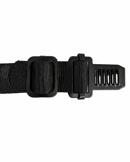 Motorcycle helmet quick-release buckle receiver with black strap adjustment hardware