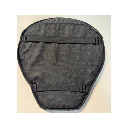 Underside of black Motorcycle Seat Air Gel Cushion cover showing anti-slip surface and two elastic straps