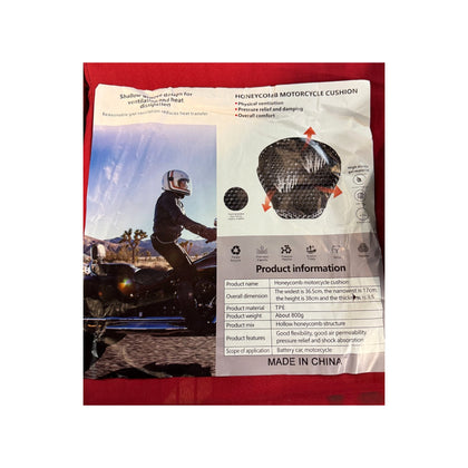 Manufacturer information sheet for the Motorcycle Seat Air Gel Cushion showing dimensions, material, and features