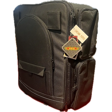 Motorcycle sissy bar bag shown without the detachable top roll bag, featuring multiple zippered compartments for travel storage.