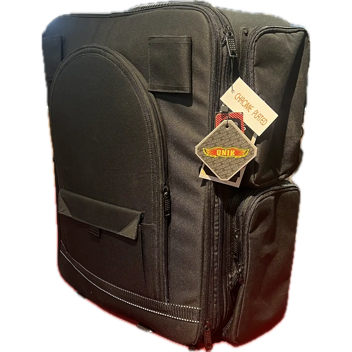 Motorcycle sissy bar bag shown without the detachable top roll bag, featuring multiple zippered compartments for travel storage.